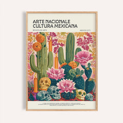 Day of the Dead wall art depicting Mexican altar with cactus and colourful marigolds in folk-art style
