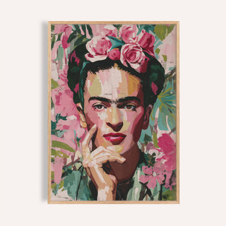 Framed print close-up of Wall Art Frida Kahlo showing a woman with a pink floral headpiece