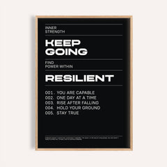 Work Hard wall art with Keep Going motivational text in white on black background in a wooden frame