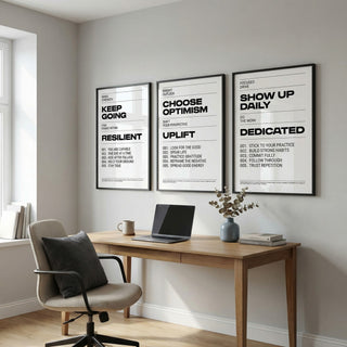 Positive Quotes wall art set in black frames above a wooden desk with laptop and vase