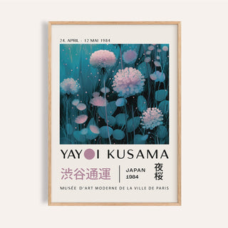 Framed print of blue and purple abstract art with pink flowers and text details
