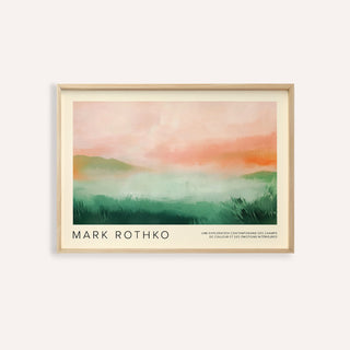 Pastel colored wall art of an abstract landscape in soft green and orange tones