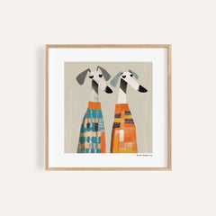 Framed Wall Art Dog illustration of two greyhounds in colourful patterned jumpers