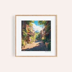 Prints Japanese Art framed print of a sunny street view with Mount Fuji in the background and a bicycle