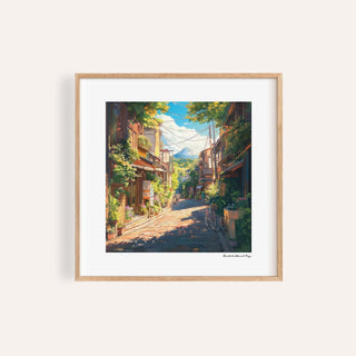 Prints Japanese Art framed print of a sunny street view with Mount Fuji in the background and a bicycle