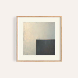 Framed close-up of surreal black and white art of a person on a cliff edge with muted background