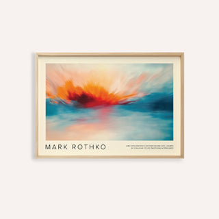 Framed sea scape wall art with abstract orange and blue fire in a light wooden frame