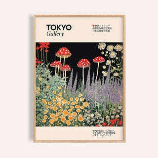 Art Prints Japanese framed print close-up of red spotted mushrooms and wildflowers in Japanese ink style