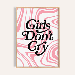 Girls Room Wall Art with Girls Don’t Cry quote in black on white and pink swirly background