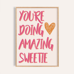 Good Motivational Posters with handwritten pink text and an orange heart on cream background