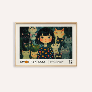 Framed print of a girl with cats in dark greens and blues with orange accents