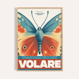 Framed butterfly wall art showing butterfly wings in muted blue and orange with Italian text