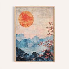 Japanese Mountain Art with red sun and mist for serene living rooms.