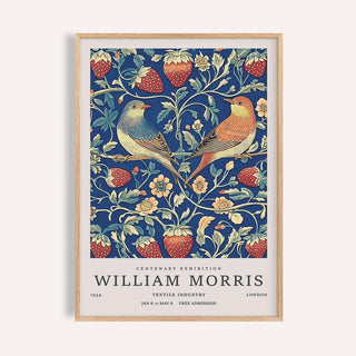 Vintage wall art with two birds and strawberries in botanical illustration style in a wooden frame