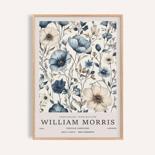 Print close-up of neutral wall art for living room with blue and ivory botanical illustration flowers