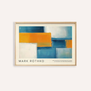 Framed wide wall art with abstract geometric blocks in blue white and orange with text