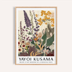 Framed print of botanical floral illustration with yellow and purple flowers and green leaves