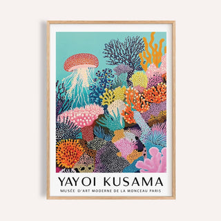 Coral Reef Art framed print close-up of colourful coral and jellyfish with text below