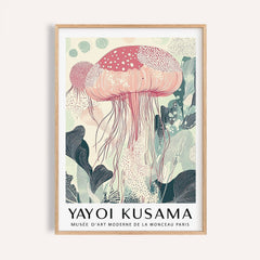 Framed Sea Animal wall art of a pink jellyfish with botanical-style details