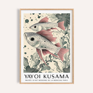 Framed print close-up of large fish wall art with pink fins and botanical illustration style