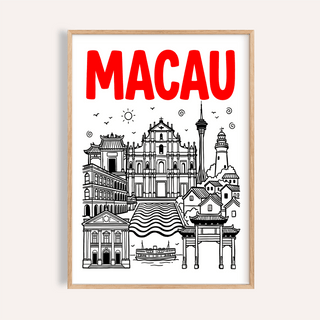 Framed Macau Travel Art of Macau skyline in black line-art with red text on white background