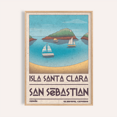 Framed Island Vacation Poster showing an island with sailboats in blue and beige vintage style