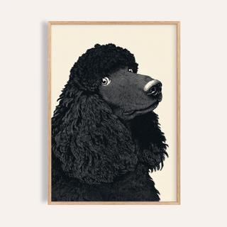 Framed Poodle Art Print of a black poodle illustration on a cream background