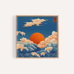 Square Prints for Wall framed print of orange sun over blue ocean waves in japanese-ink style