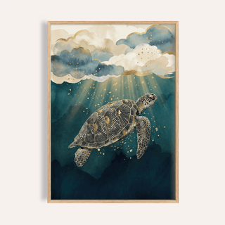 Framed Ocean Print Decor featuring a watercolour sea turtle with blue and gold tones