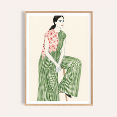 Framed print close-up of minimalist woman in green striped dress with pink floral top