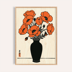 Framed floral wall art poster featuring a minimalist Japanese-ink style red poppy bouquet