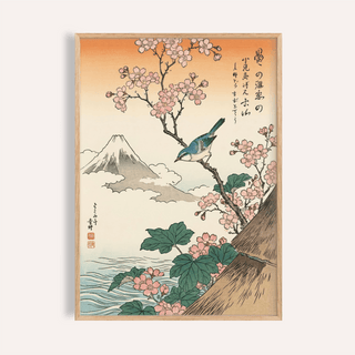 Framed print close-up of Japanese cherry blossom art with bird on branch and Mount Fuji background
