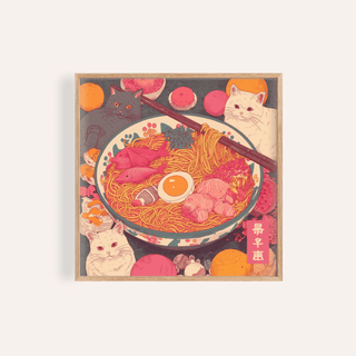 Framed close-up of Ramen Cat Print with vibrant noodles and cats in Japanese ink style