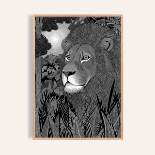 Black Lion wall art line-art illustration of a lion portrait in black and grey with a wooden frame