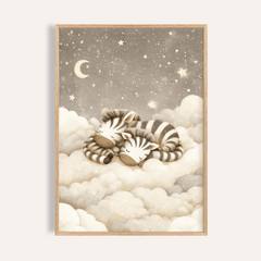 Zebra Nursery Art of two sleeping baby zebras on soft clouds with stars and moon