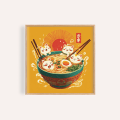 Framed Cute Cat Print with maneki-neko cats in ramen bowl in yellow and red tones