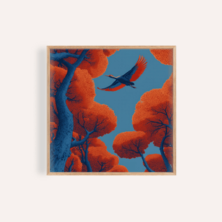 Framed Fyling Bird wall decor showing a bird in flight with orange trees against blue sky
