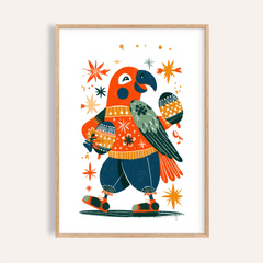 Framed playful animal poster of a colourful parrot with maracas in folk-art style