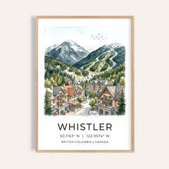 Framed Whistler Mountain Print of a mountain village in watercolour style with green and brown tones