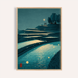 Framed close-up of tranquil rice field poster showing terraced fields under moonlight in blue and yellow tones
