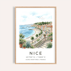 Nice Coastal Art Print showing palm-lined promenade from terrace view