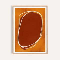 Framed Abstract Earth Tone Wall Art with a large brown organic shape and white lines on an orange background