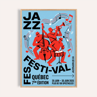 Framed print close-up of Musical Event wall art with red jazz band figures on blue background