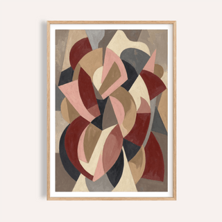 Framed abstract art with overlapping shapes in red, pink, beige and grey