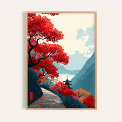 Framed Zen Mountain Poster with red maple tree and pagoda in a Japanese woodblock style