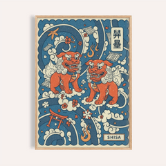 Japanese Shisa Art Print poster showing twin lion-dogs on swirling clouds