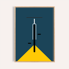 Minimal Bike Poster close-up of a front view bicycle in minimalist style with blue and yellow colours