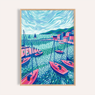 Framed sailboats wall art with pink boats and blue water in a contemporary style