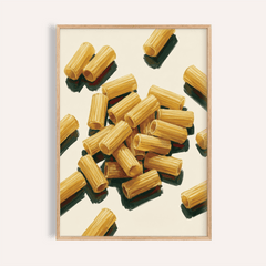 Framed Rigatoni Pasta Print showing illustrated rigatoni pasta on a cream background