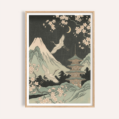 Framed Crane Japanese Art print featuring white cranes and a pagoda under a crescent moon